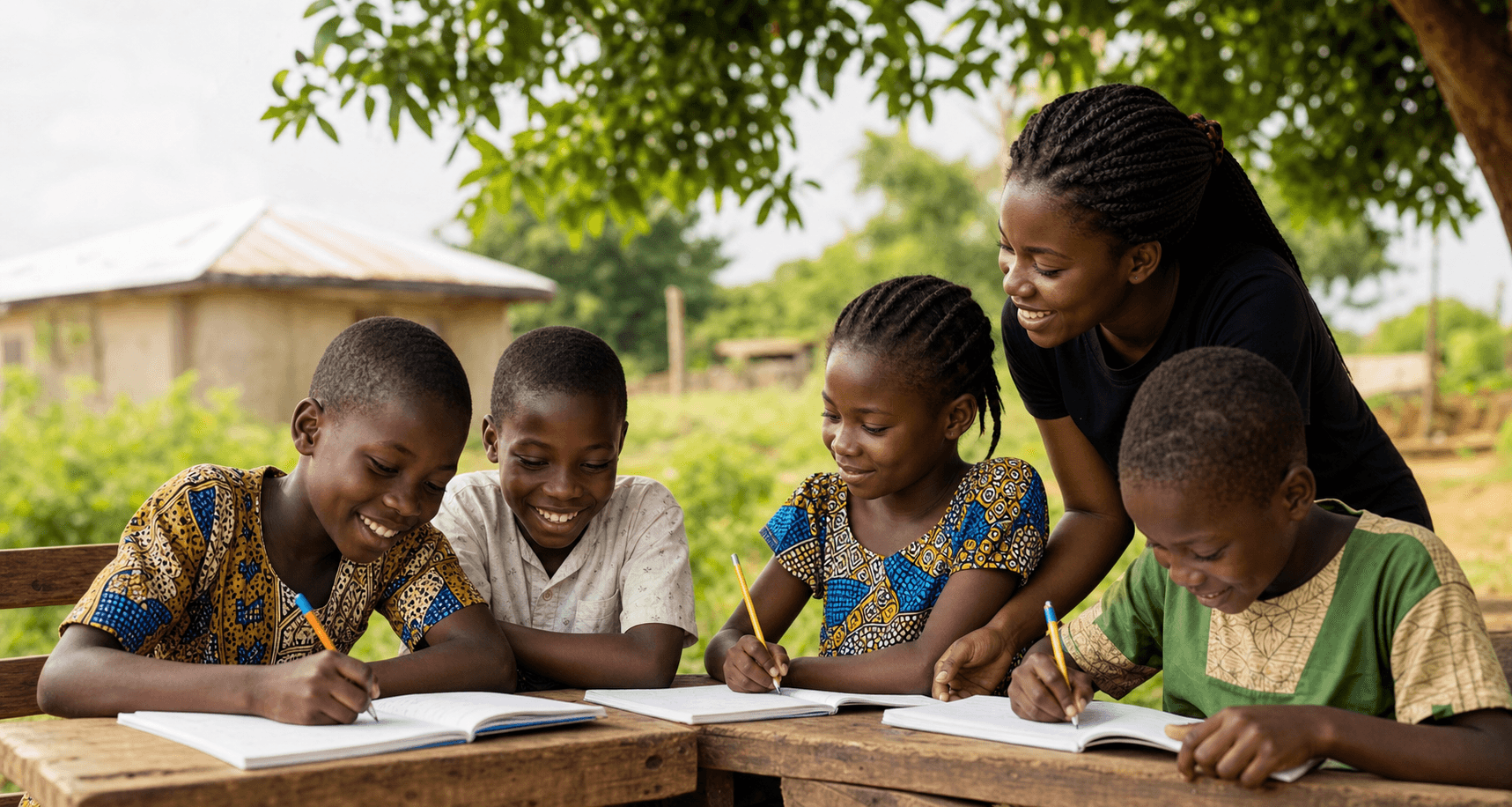 Children learning with a Deol Humanitarian Foundation volunteer